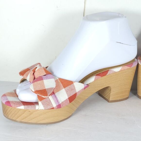 J. Crew Women's US7,5 Multicolor Plaid Printed Bow Wooden Heels Mules Sandals Nw - Picture 8 of 14
